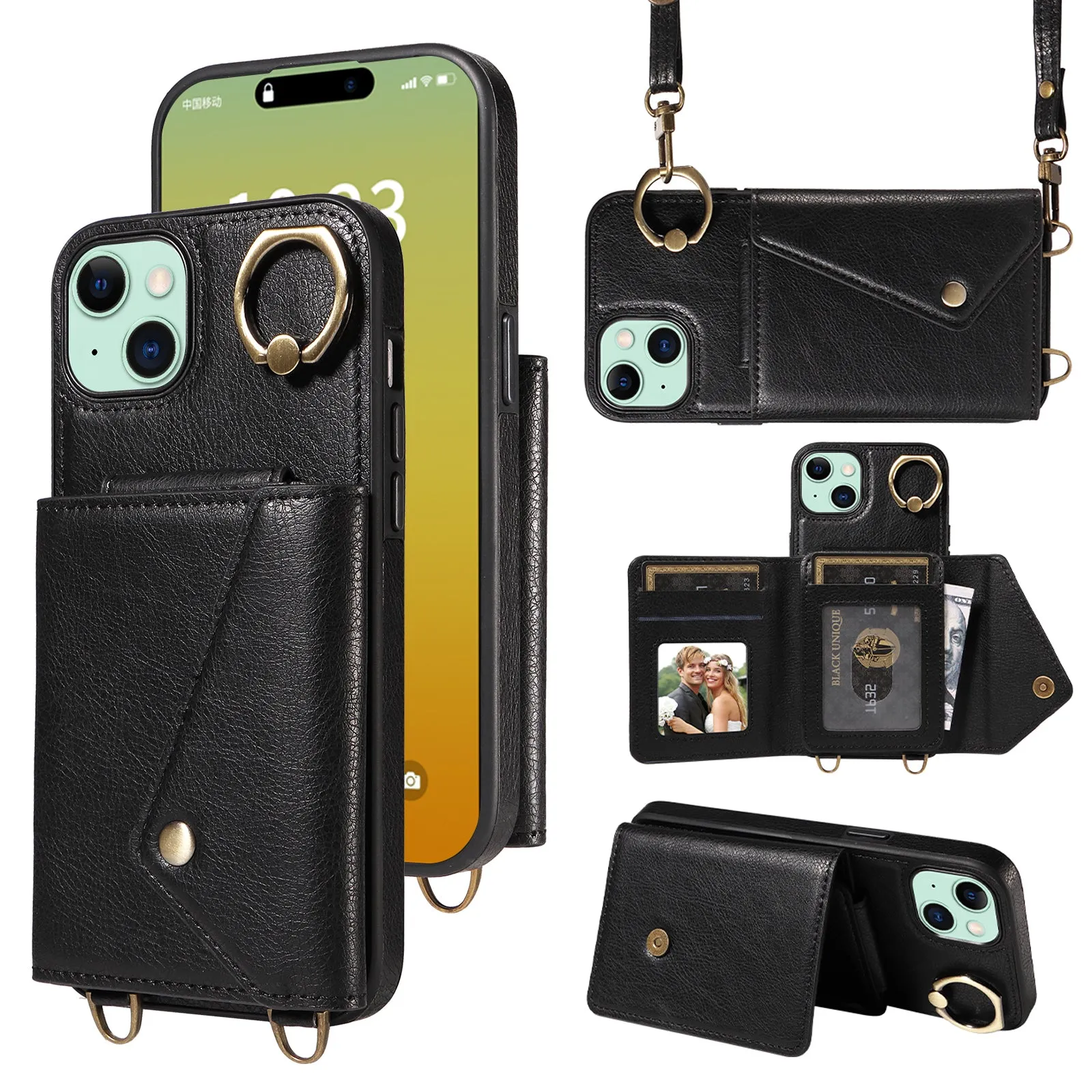 002 For iPhone 15 Plus Card Bag Design Ring Kickstand Cellphone Cover Litchi Texture Leather TPU Back Protector Case with Shoulder Strap