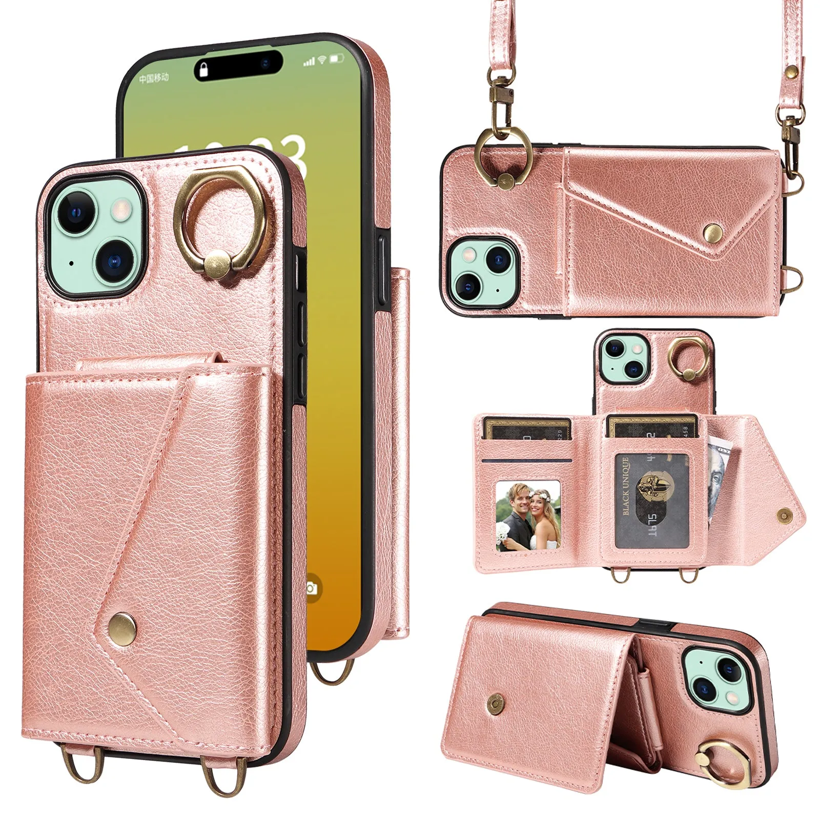 002 For iPhone 15 Plus Card Bag Design Ring Kickstand Cellphone Cover Litchi Texture Leather TPU Back Protector Case with Shoulder Strap