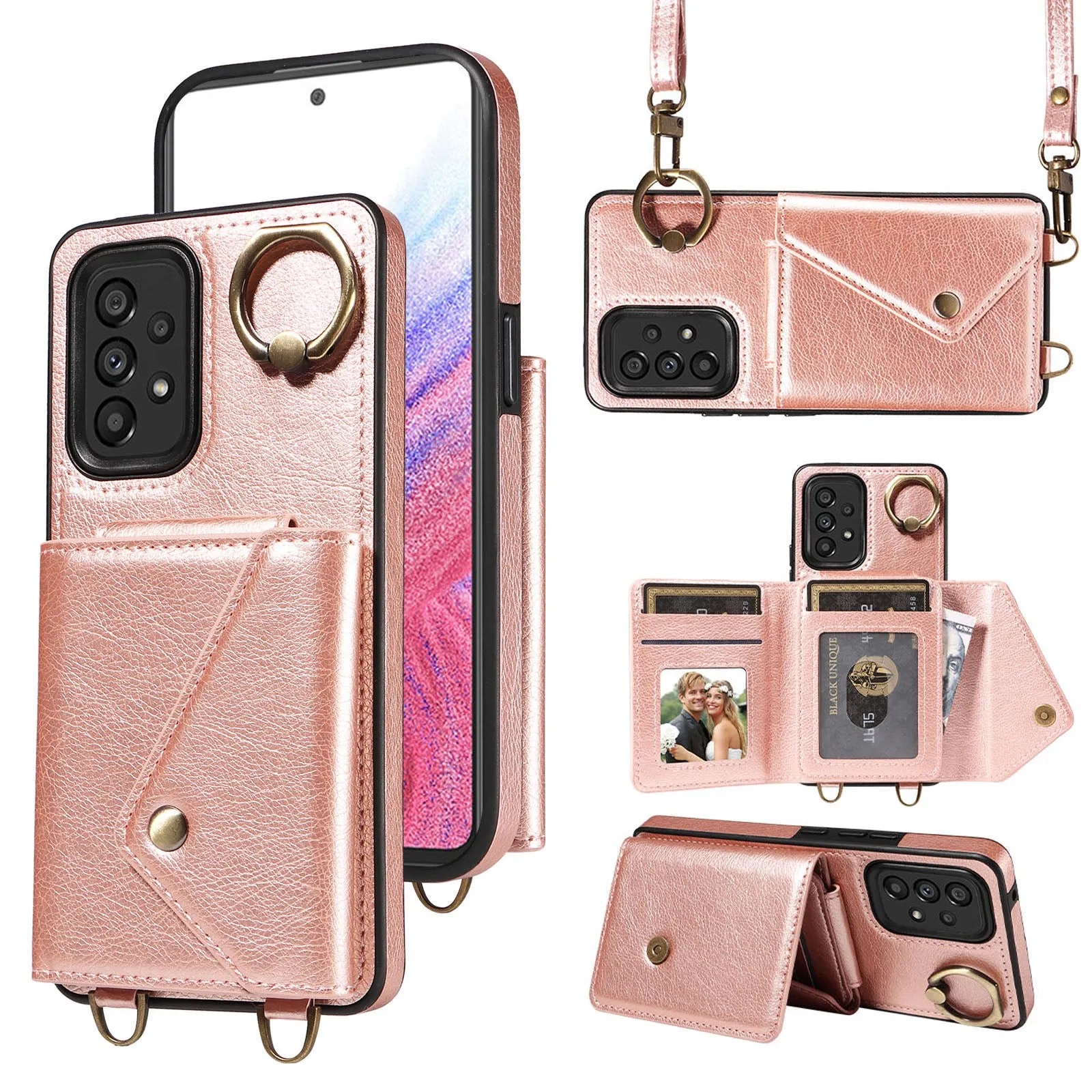 002 For Samsung Galaxy A53 5G Card Bag Cover Ring Kickstand Litchi Texture Leather TPU Phone Case with Shoulder Strap