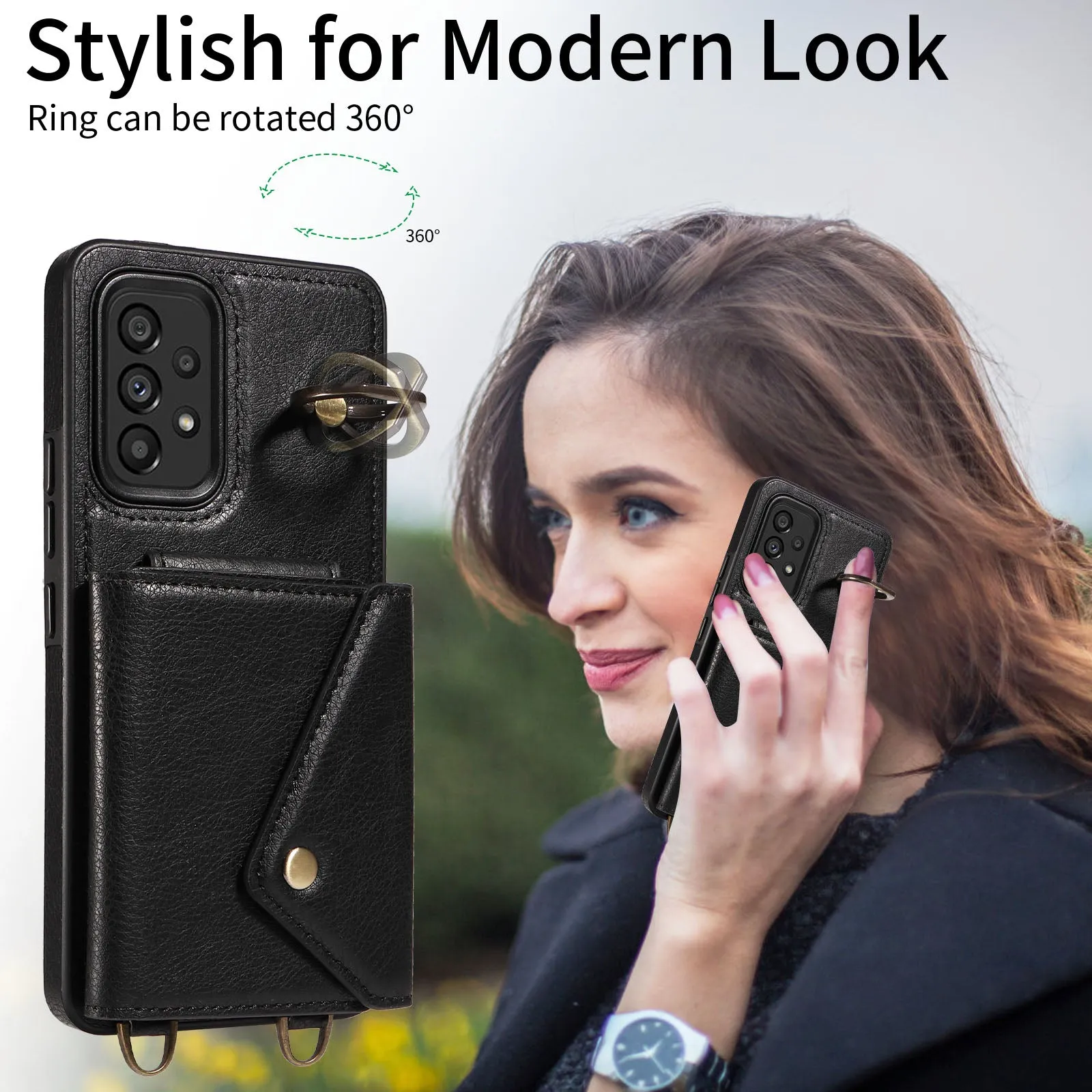 002 For Samsung Galaxy A53 5G Card Bag Cover Ring Kickstand Litchi Texture Leather TPU Phone Case with Shoulder Strap