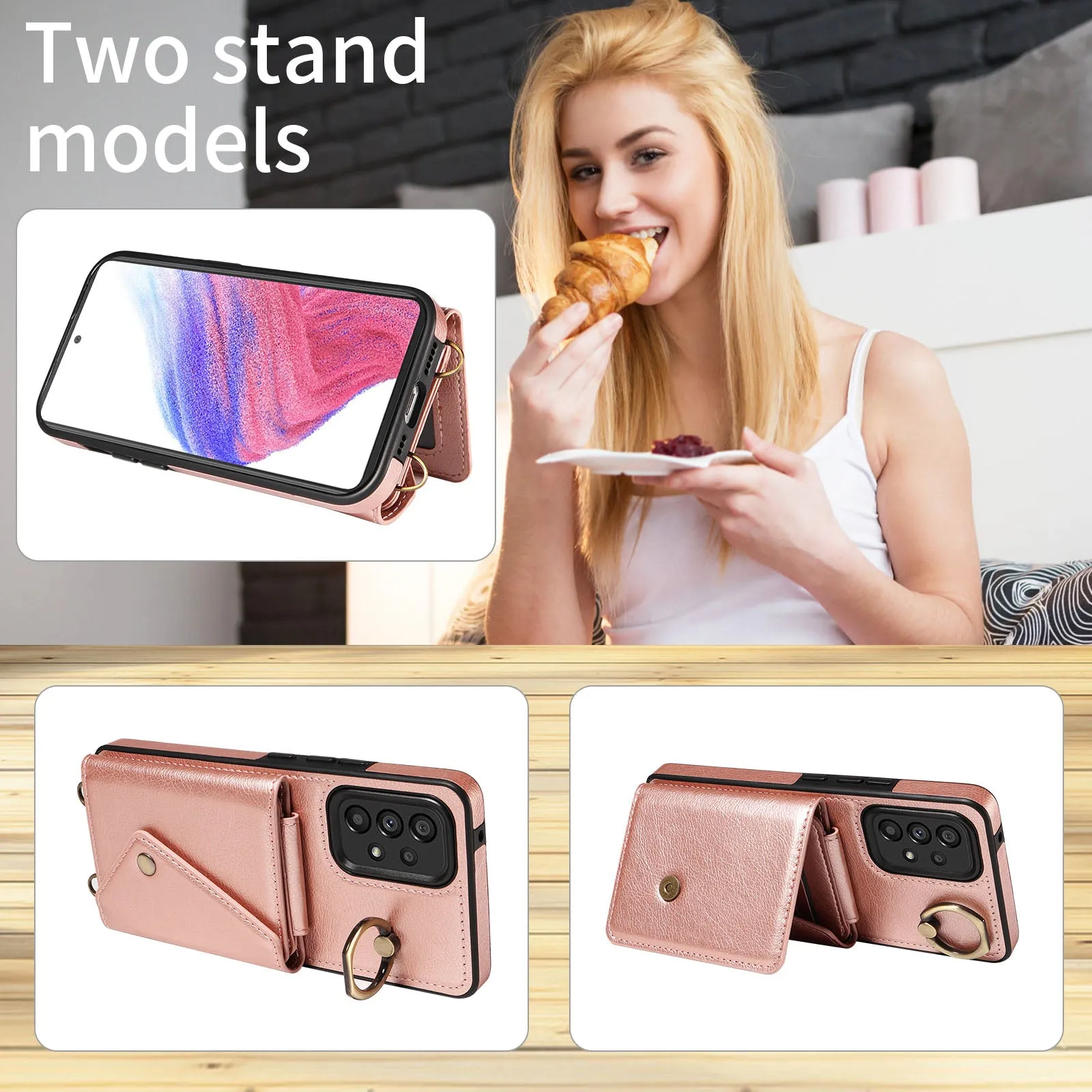 002 For Samsung Galaxy A53 5G Card Bag Cover Ring Kickstand Litchi Texture Leather TPU Phone Case with Shoulder Strap