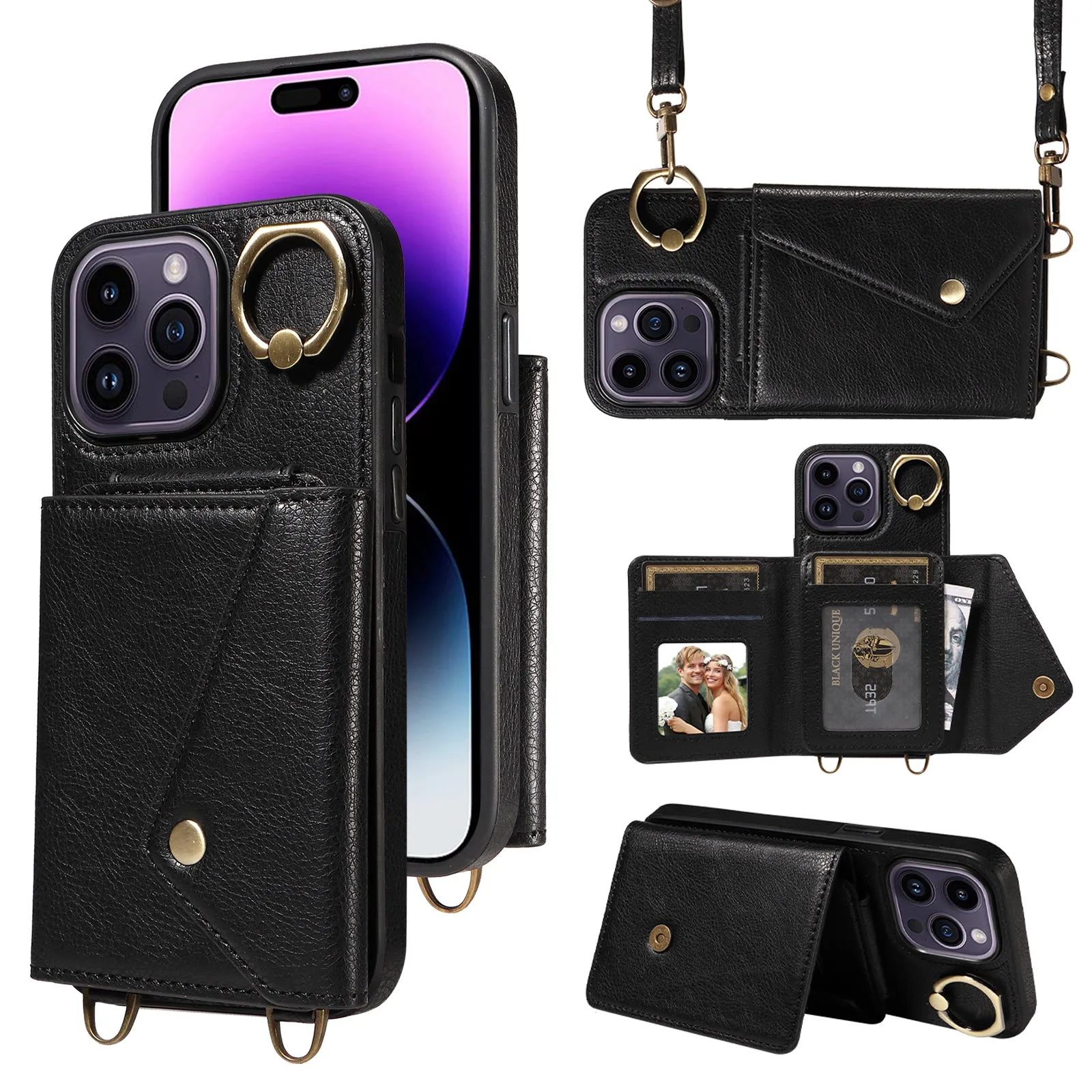 002 Scratch Proof Shell for iPhone 14 Pro , Ring Kickstand Card Bag Litchi Texture Leather TPU Phone Case with Shoulder Strap