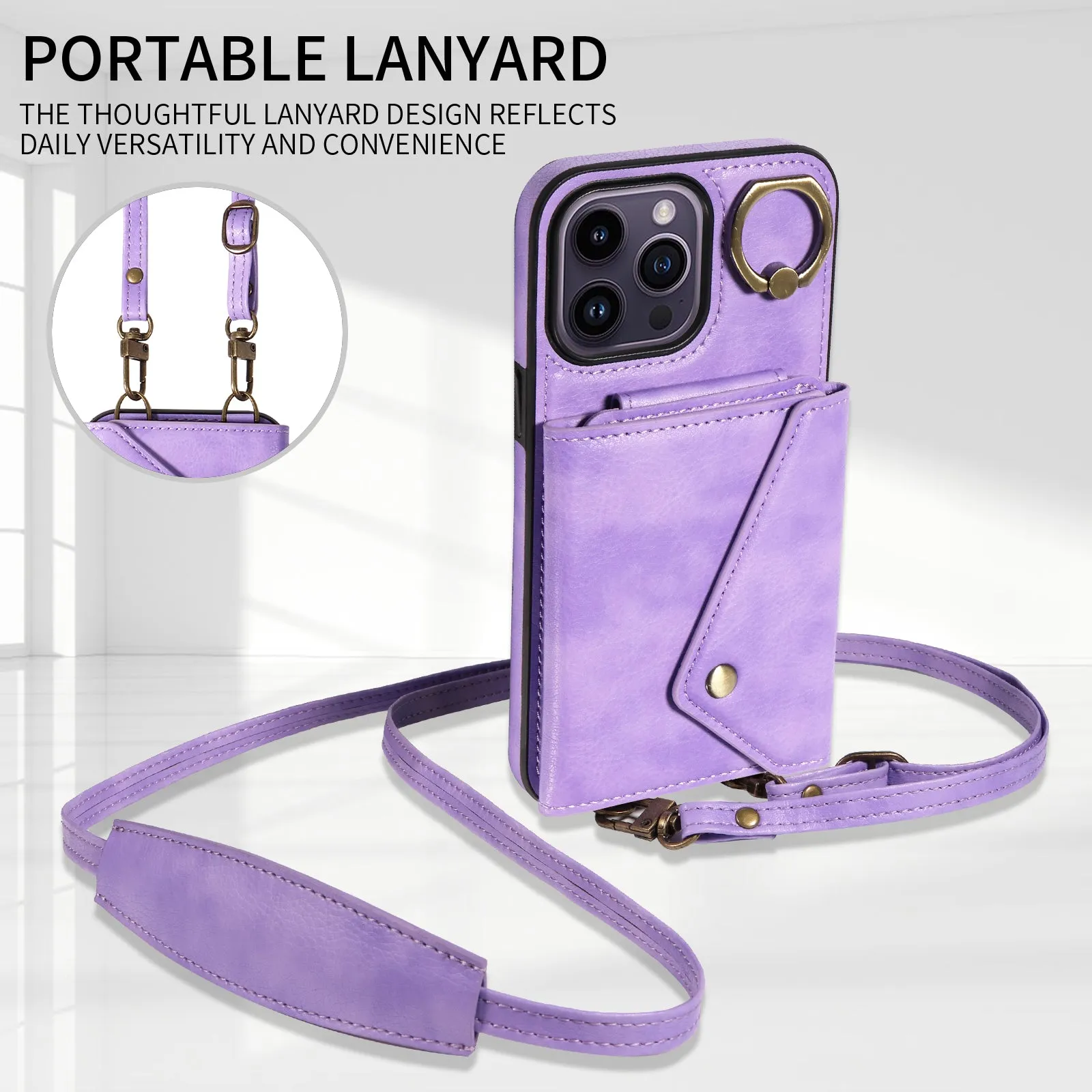 002 Scratch Proof Shell for iPhone 14 Pro , Ring Kickstand Card Bag Litchi Texture Leather TPU Phone Case with Shoulder Strap