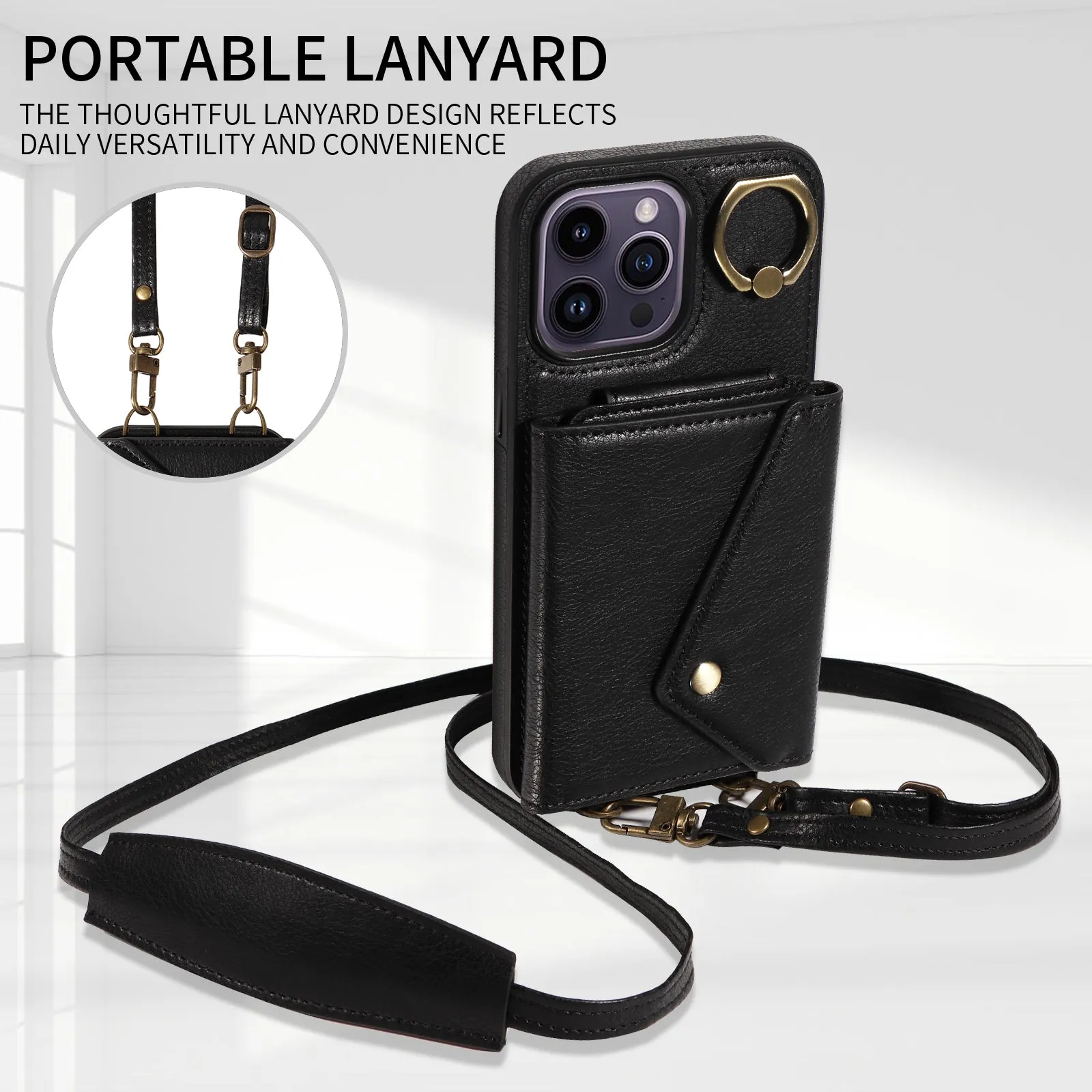 002 Scratch Proof Shell for iPhone 14 Pro , Ring Kickstand Card Bag Litchi Texture Leather TPU Phone Case with Shoulder Strap