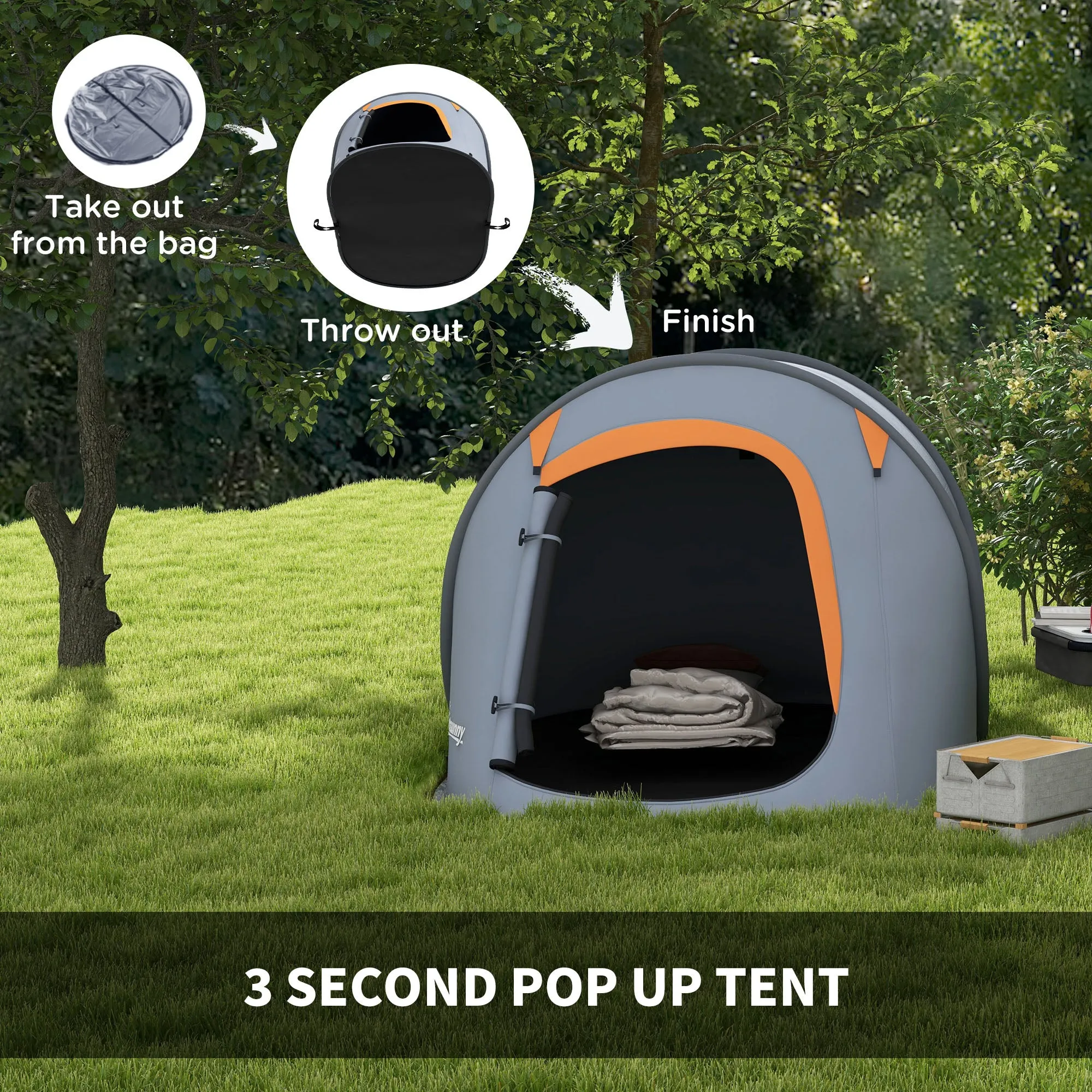 2 Man Pop up Camping Tent, 2000mm Waterproof with Carry Bag for Fishing Hiking Backpacking, Grey and Orange