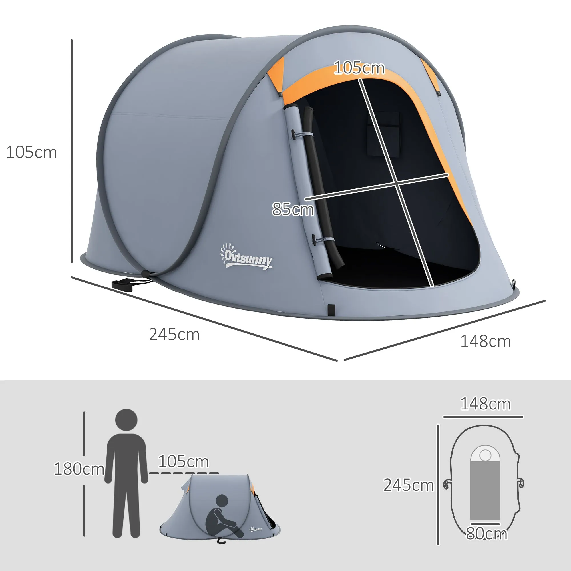 2 Man Pop up Camping Tent, 2000mm Waterproof with Carry Bag for Fishing Hiking Backpacking, Grey and Orange