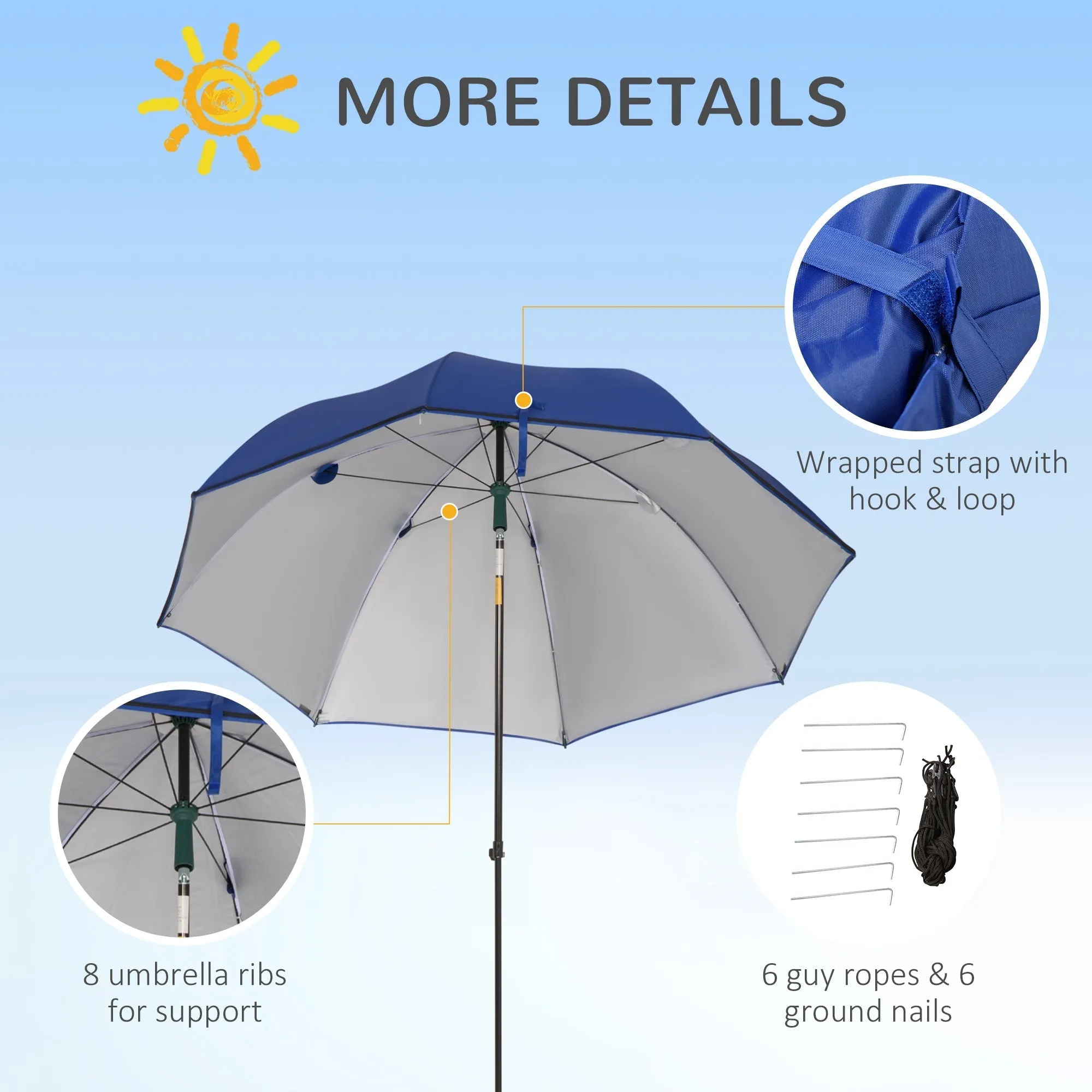 2m Beach Parasol Fishing Umbrella Brolly with Sides and Push Botton Tilt Sun Shade Shelter with Carry Bag