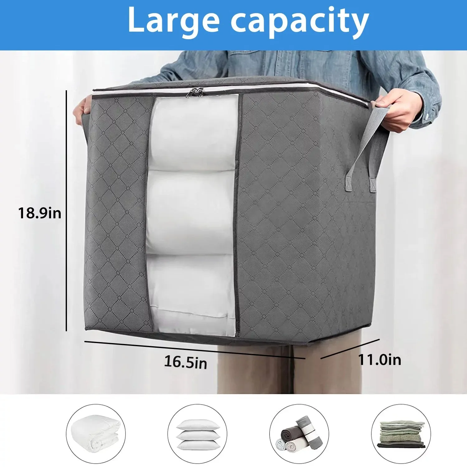 6262 Storage bag with Zipper and Space Saver Comforter bag, Pillow, Quilt, Bedding, Clothes, Blanket Storage Organizer Bag with Large Clear Window and Carry Handles for Closet.