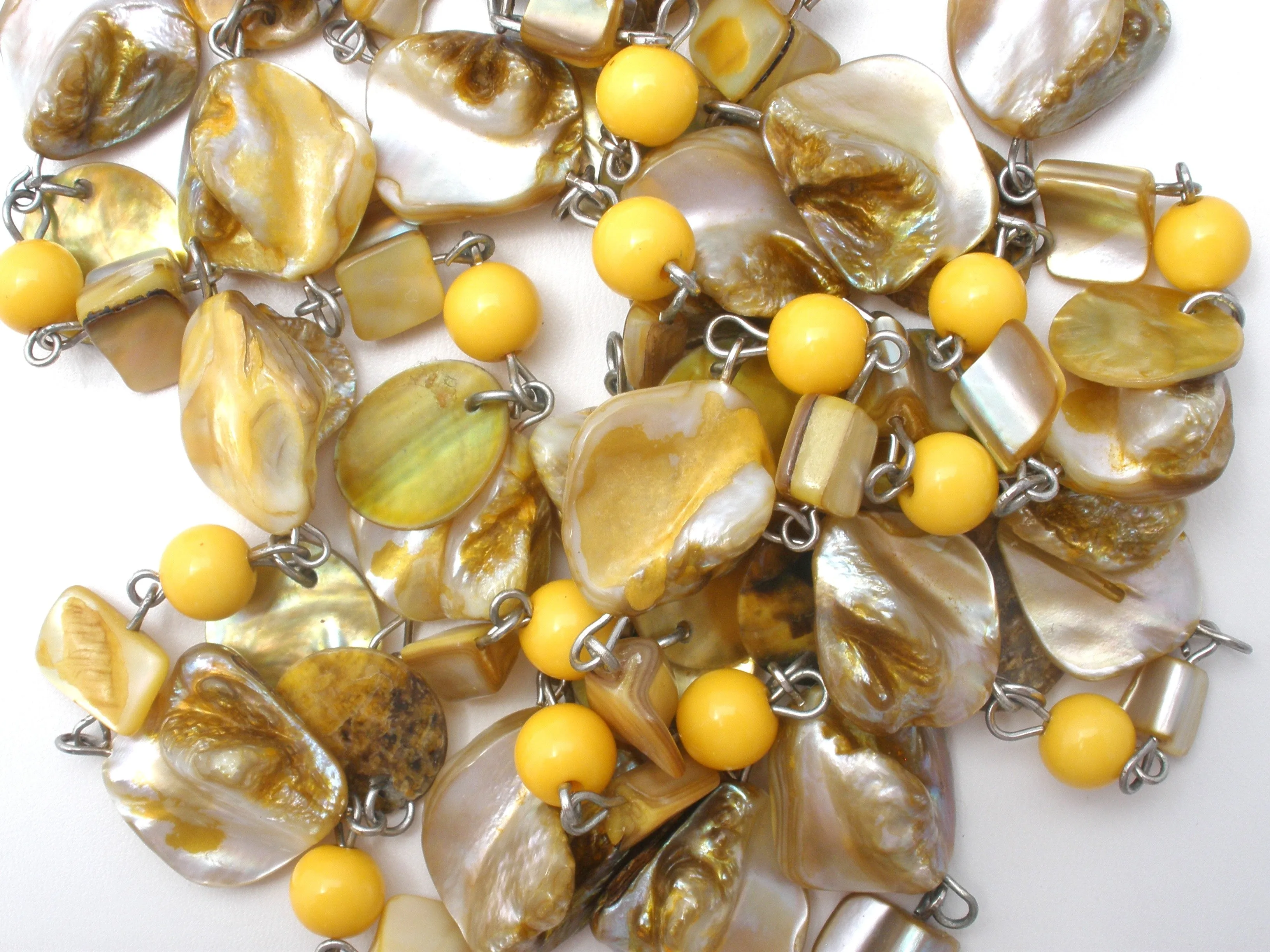 Abalone Seashell and Yellow Bead Necklace 42"