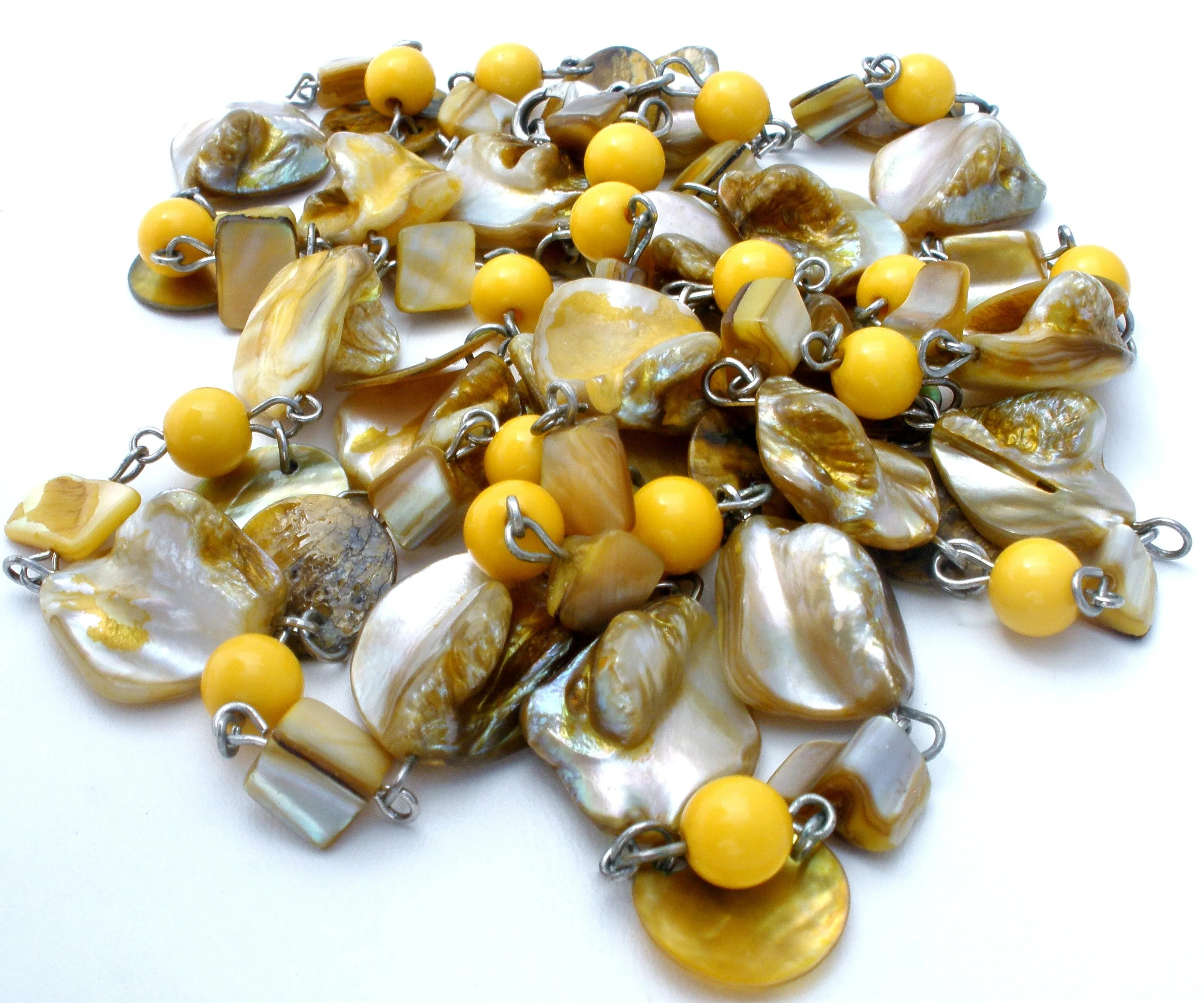 Abalone Seashell and Yellow Bead Necklace 42"