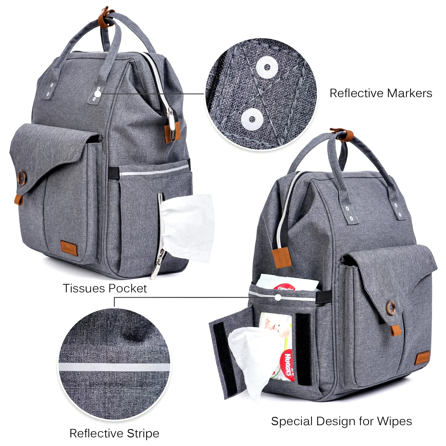 Alameda Diaper Bag Backpack - Shining Reflective Design, Grey