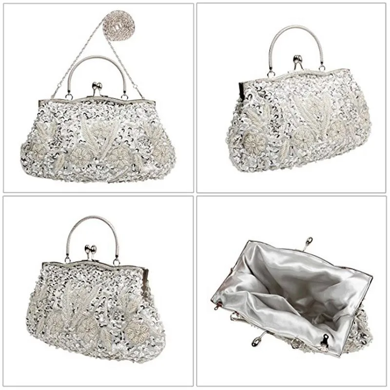 Beaded Sequin Design Metal Frame Kissing Lock Satin Interior Evening Clutch