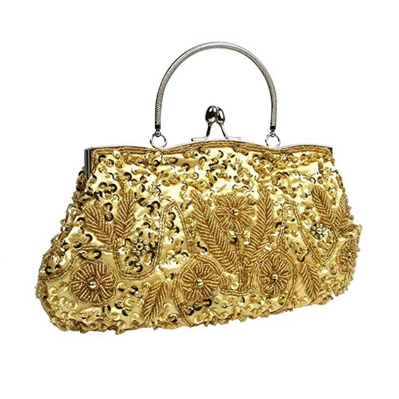 Beaded Sequin Design Metal Frame Kissing Lock Satin Interior Evening Clutch