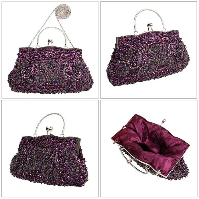 Beaded Sequin Design Metal Frame Kissing Lock Satin Interior Evening Clutch