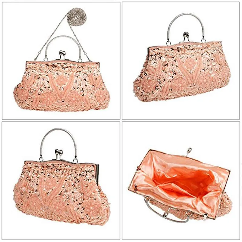 Beaded Sequin Design Metal Frame Kissing Lock Satin Interior Evening Clutch