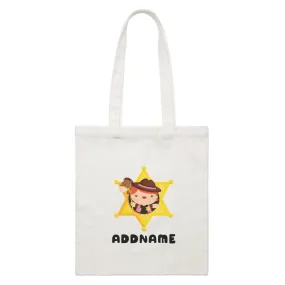 Birthday Cowboy Style Little Cowgirl Holding Toy Horse In Star Badge Addname White Canvas Bag