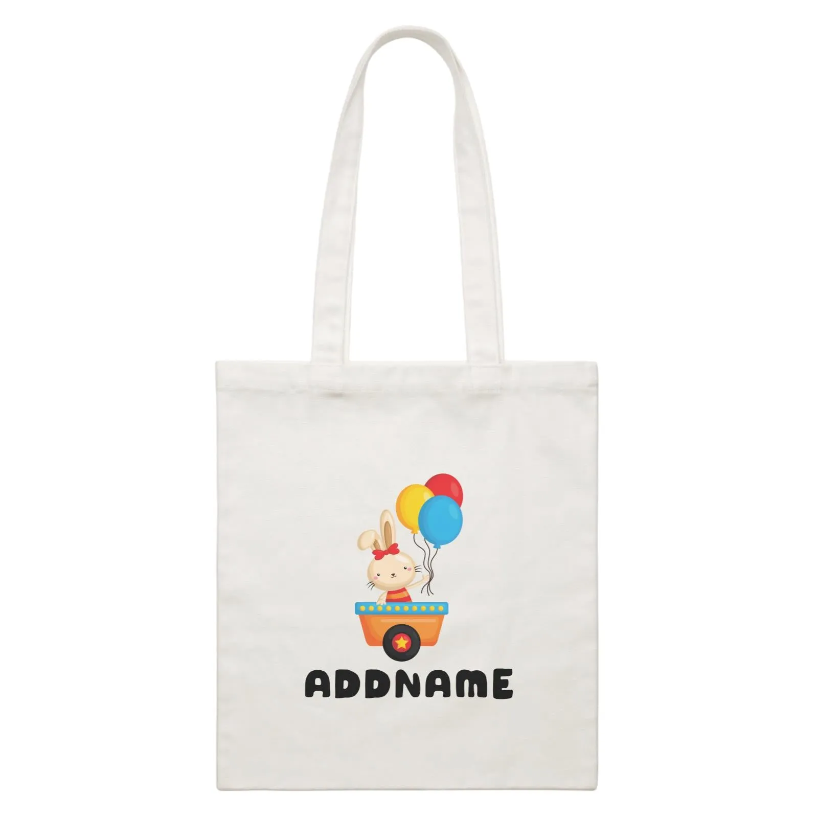 Birthday Fun Train Bunny Holding Balloons Addname White Canvas Bag