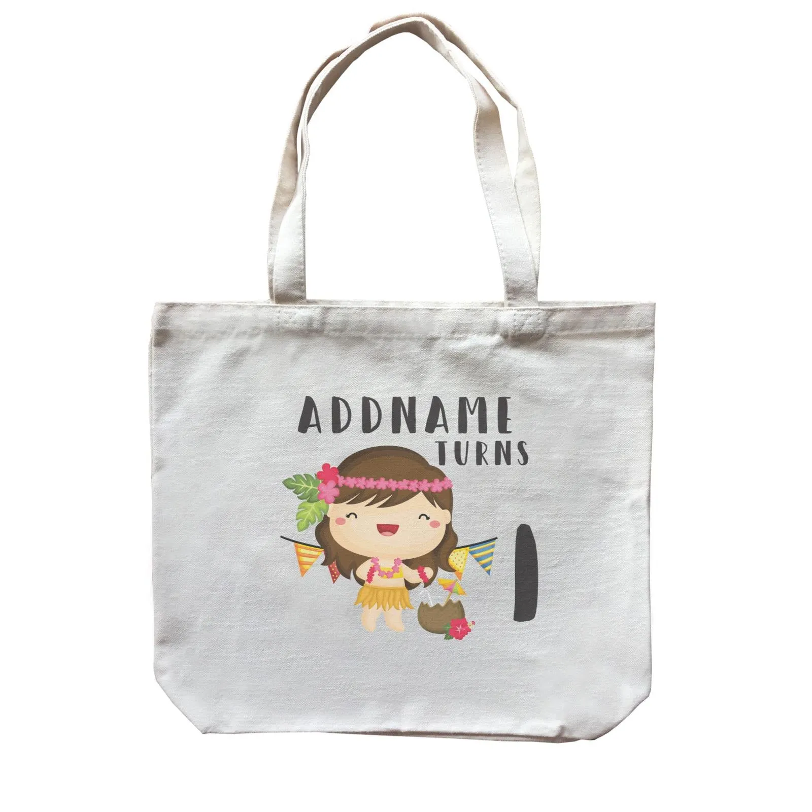 Birthday Hawaii Girl Wearing Hula Grass Dress Addname Turns 1 Canvas Bag