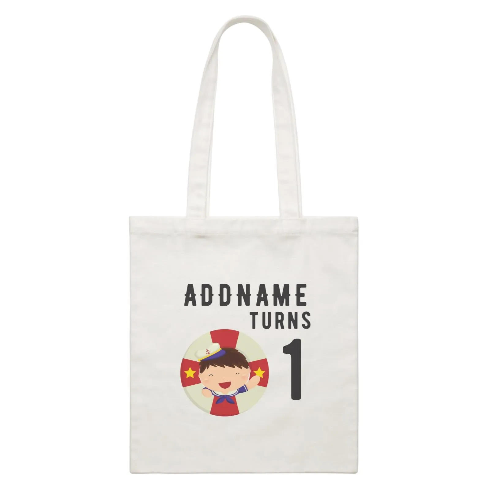 Birthday Sailor Baby Boy In Lifebuoy Addname Turns 1 White Canvas Bag