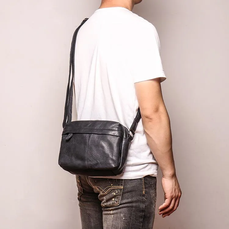 Black Leather Small Zipper Messenger Bag Courier Bag Brown Postman Bag For Men