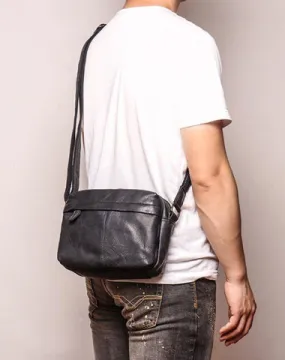 Black Leather Small Zipper Messenger Bag Courier Bag Brown Postman Bag For Men