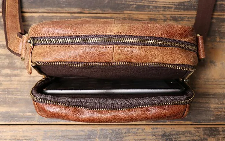 Black Leather Small Zipper Messenger Bag Courier Bag Brown Postman Bag For Men