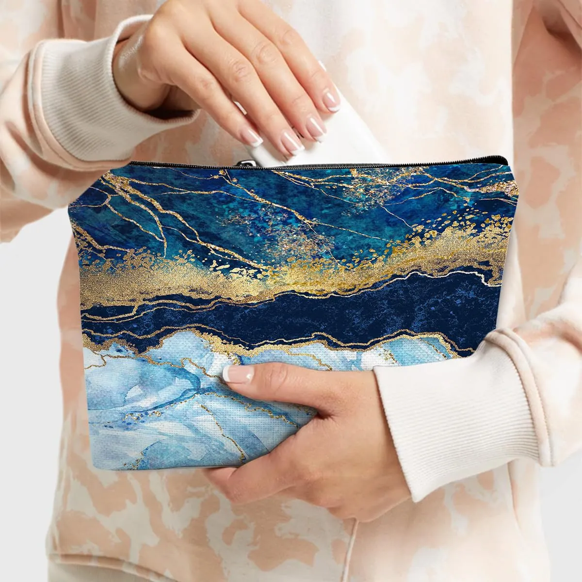 Blue Gold Marble Makeup Bag Travel Portable Cosmetic Pouch Waterproof Toiletry Organizer Storage Bag Zipper Pouch For Women Girls