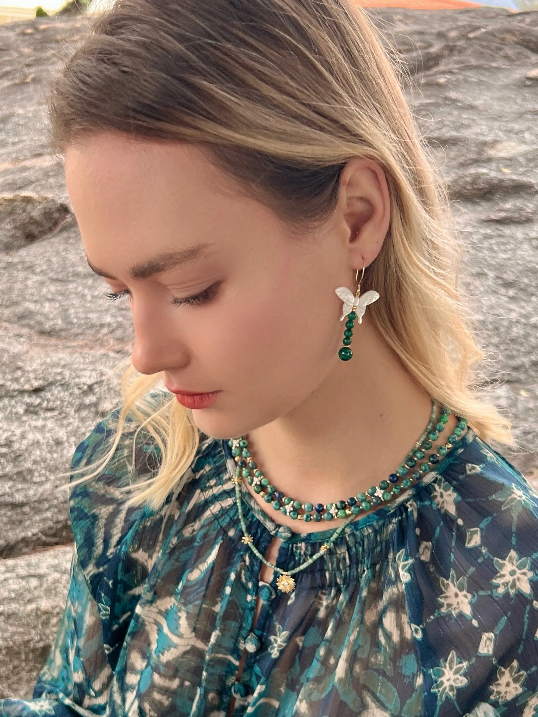 Butterfly-Shaped Shell with Malachite Statement Earrings LE034