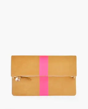 Clare V - Foldover Clutch w/ Tabs in Camel Nubuck w/Neon Pink Stripes