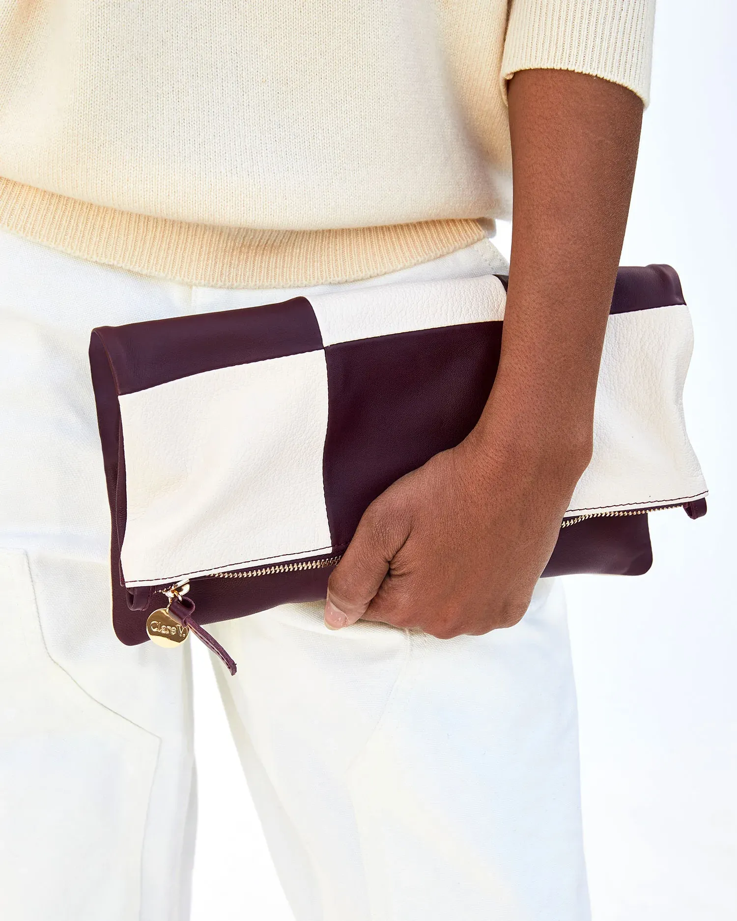 Clare V. - Foldover Clutch with Tabs in Plum Italian Nappa & Cream Goat Tile Patchwork