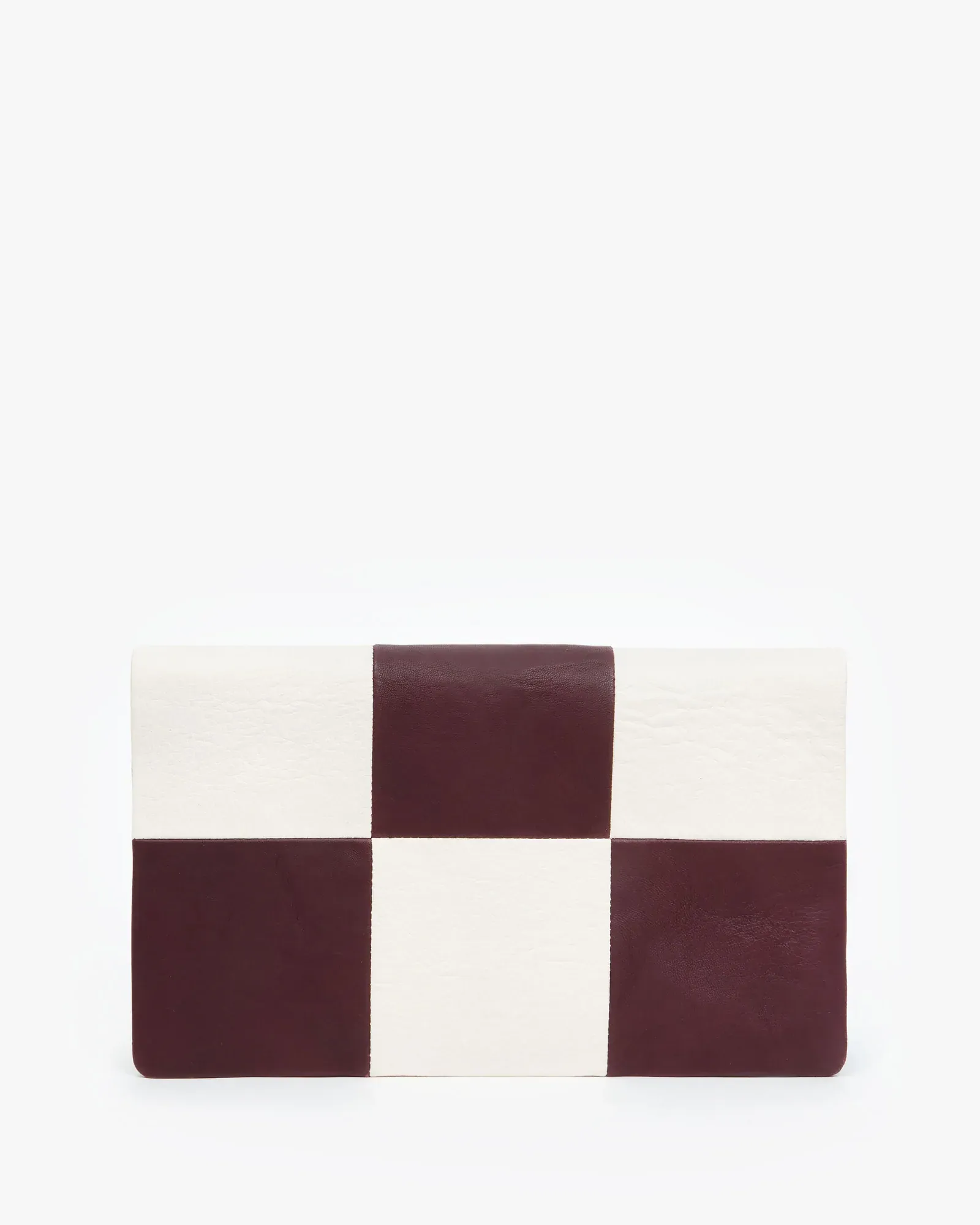 Clare V. - Foldover Clutch with Tabs in Plum Italian Nappa & Cream Goat Tile Patchwork