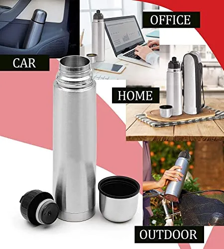 Crystal Zone Double Wall Vacuum Insulated 2 Pieces Stainless Steel Flip Lid 1000 ml and 500ml, 12 Hours Hot and Cold Water, Pack of 2 Bottle with Cover (Silver)