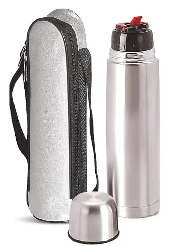 Crystal Zone Double Wall Vacuum Insulated 2 Pieces Stainless Steel Flip Lid 1000 ml and 500ml, 12 Hours Hot and Cold Water, Pack of 2 Bottle with Cover (Silver)