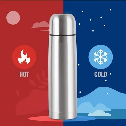 Crystal Zone Double Wall Vacuum Insulated 2 Pieces Stainless Steel Flip Lid 1000 ml and 500ml, 12 Hours Hot and Cold Water, Pack of 2 Bottle with Cover (Silver)