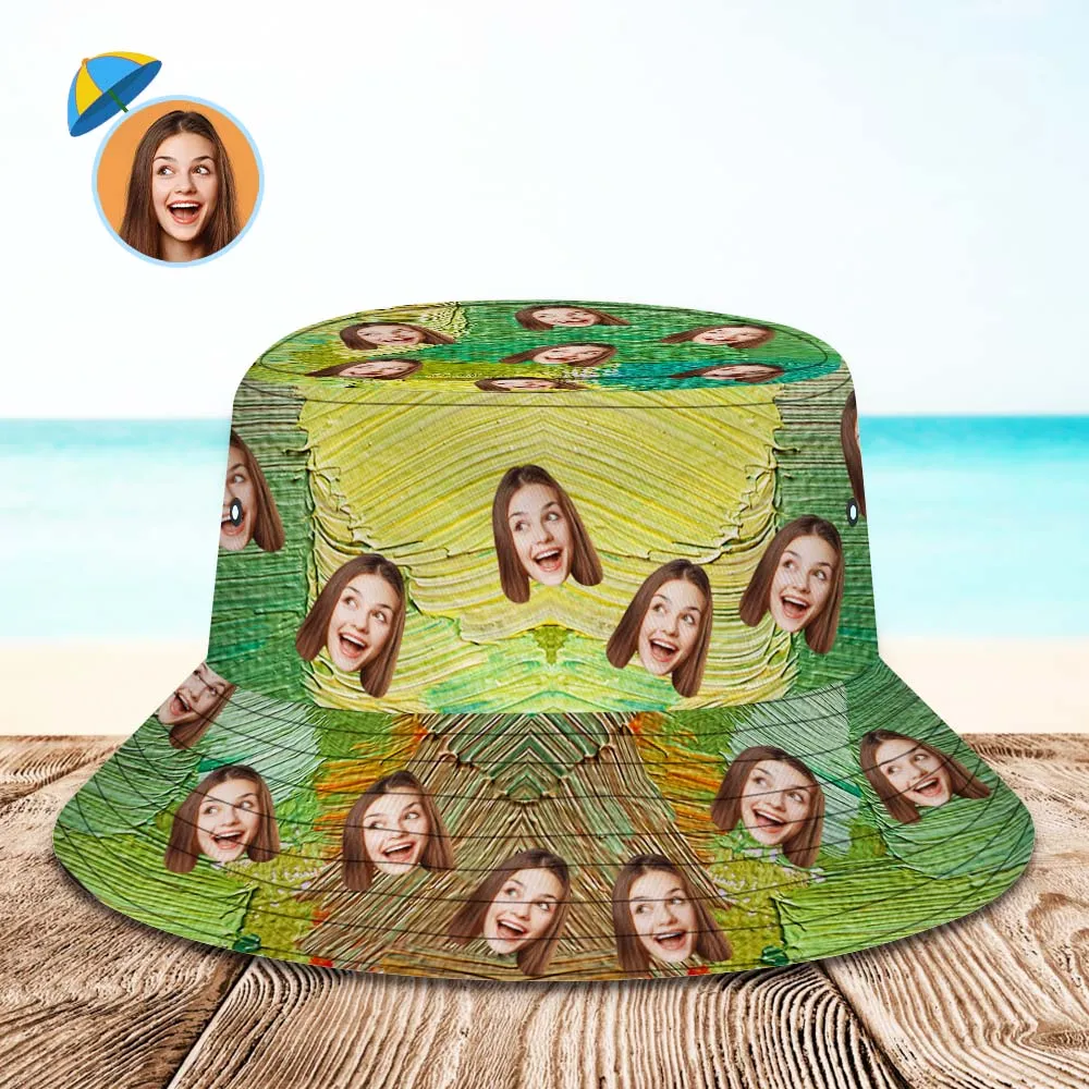 Custom Face Bucket Hat Unisex Personalised Wide Brim Outdoor Summer Hats Green Oil Painting Style