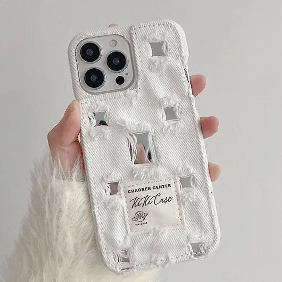 Cute Fashionable Distressed Denim Silver Mirror Design Thick Protective Shockproof iPhone Case for iPhone 11 12 13 14 15 Pro Max Case