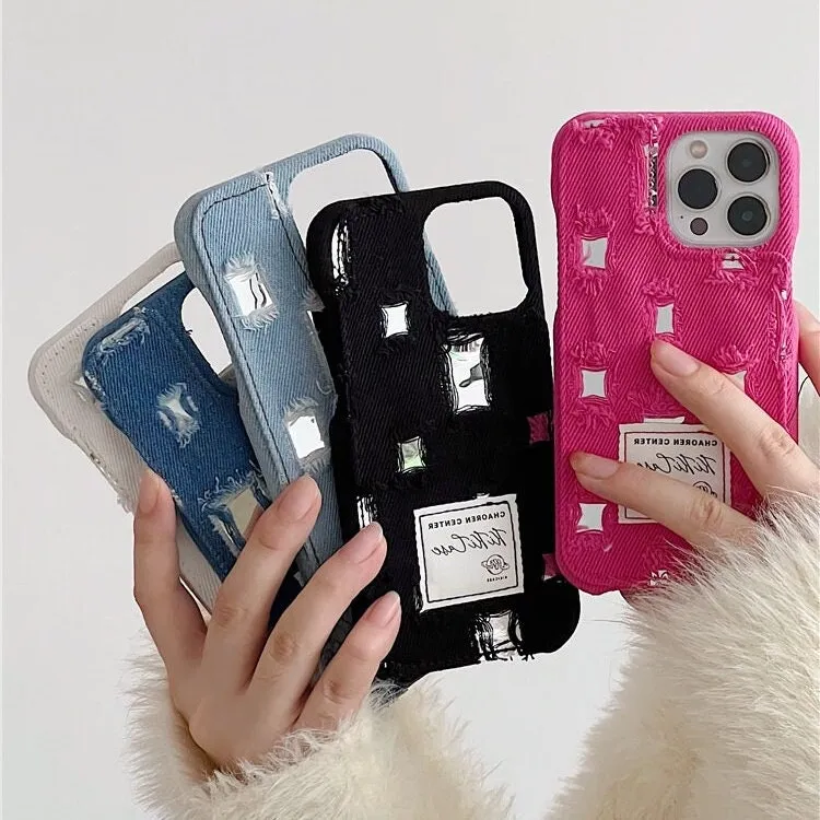 Cute Fashionable Distressed Denim Silver Mirror Design Thick Protective Shockproof iPhone Case for iPhone 11 12 13 14 15 Pro Max Case