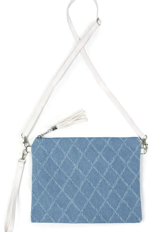 Denim Quilted Print Clutch Crossbody Bag