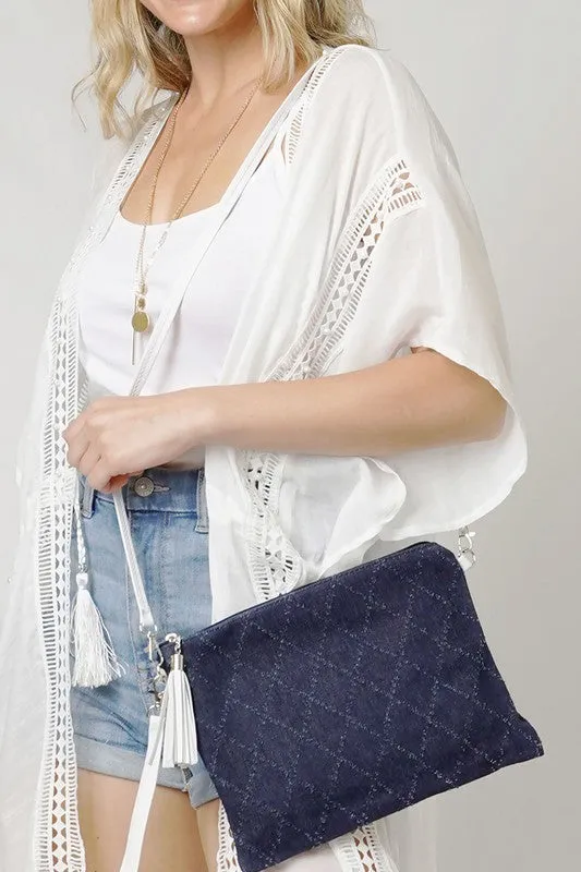 Denim Quilted Print Clutch Crossbody Bag