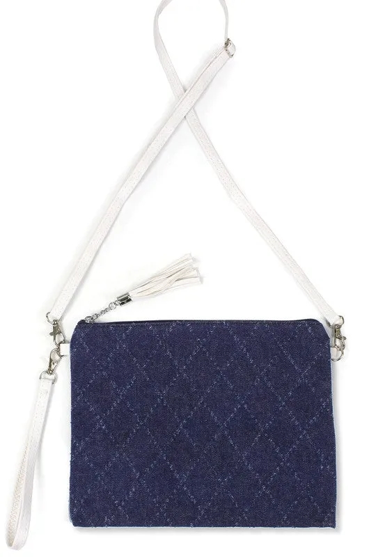 Denim Quilted Print Clutch Crossbody Bag