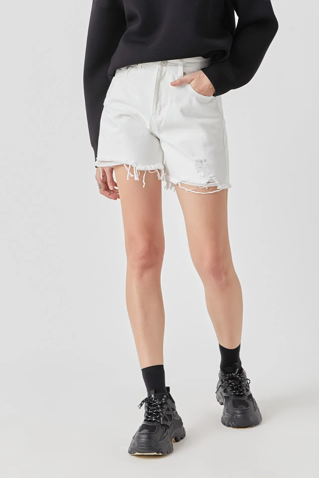 Destroyed Hem Denim Shorts