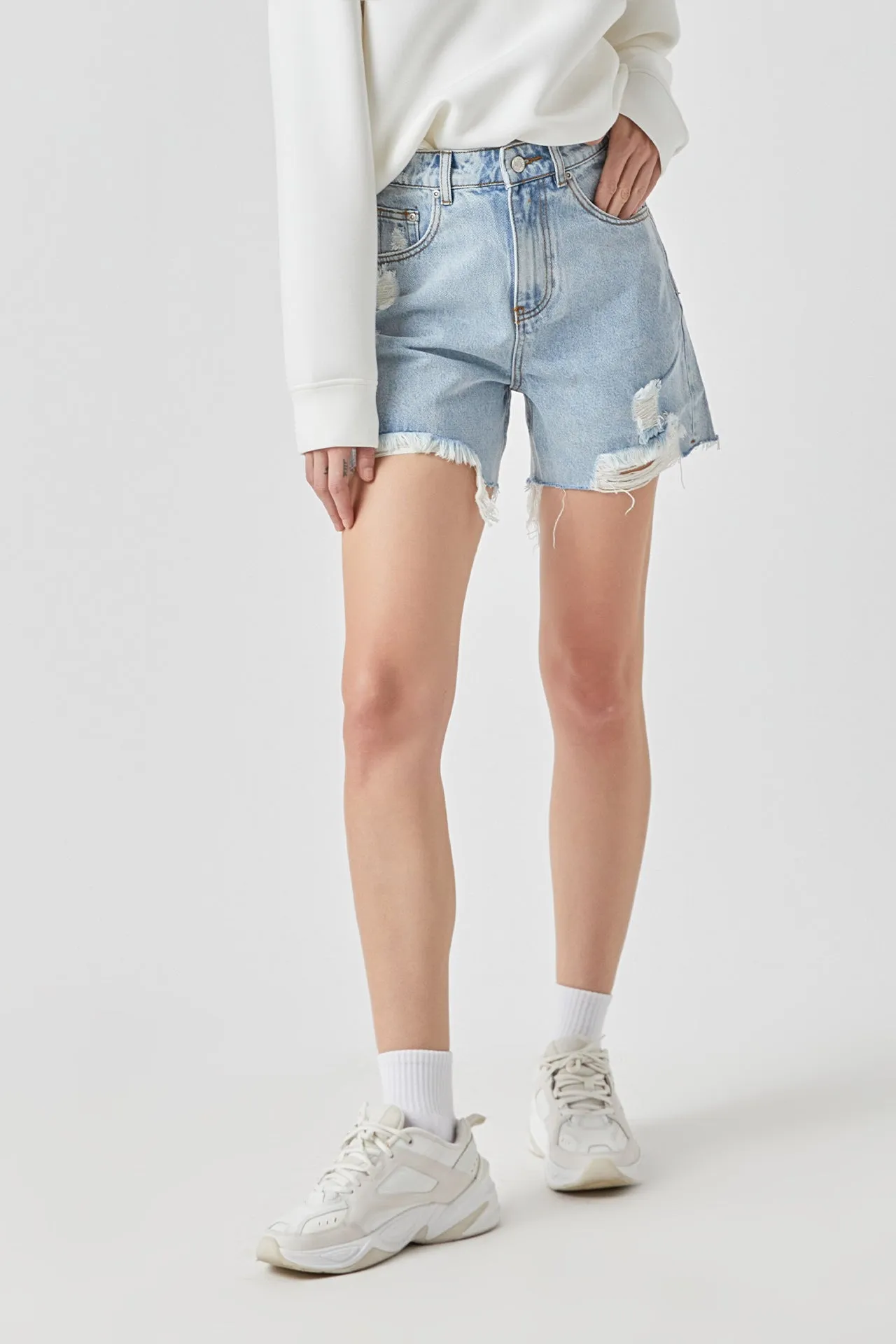 Destroyed Hem Denim Shorts