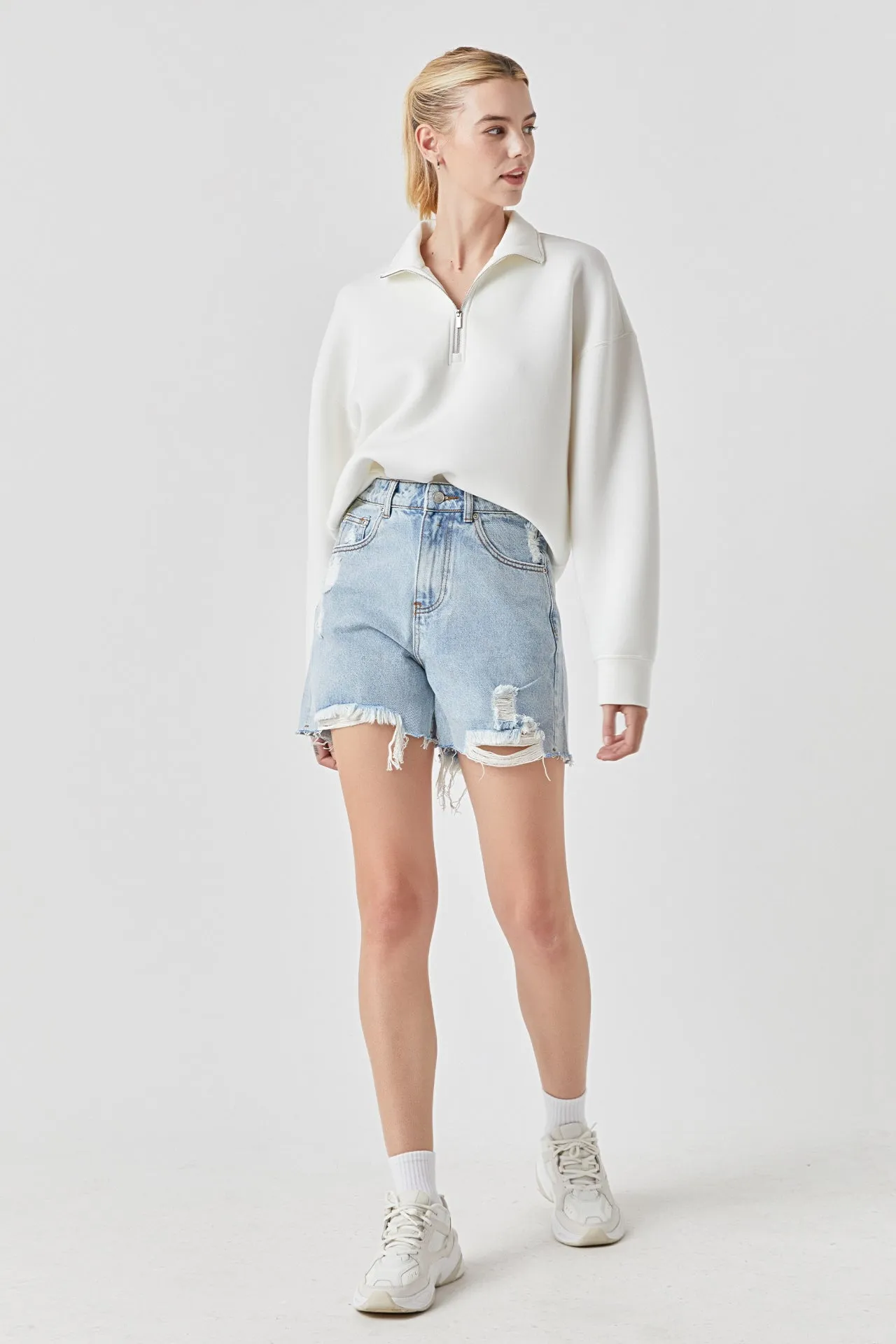 Destroyed Hem Denim Shorts