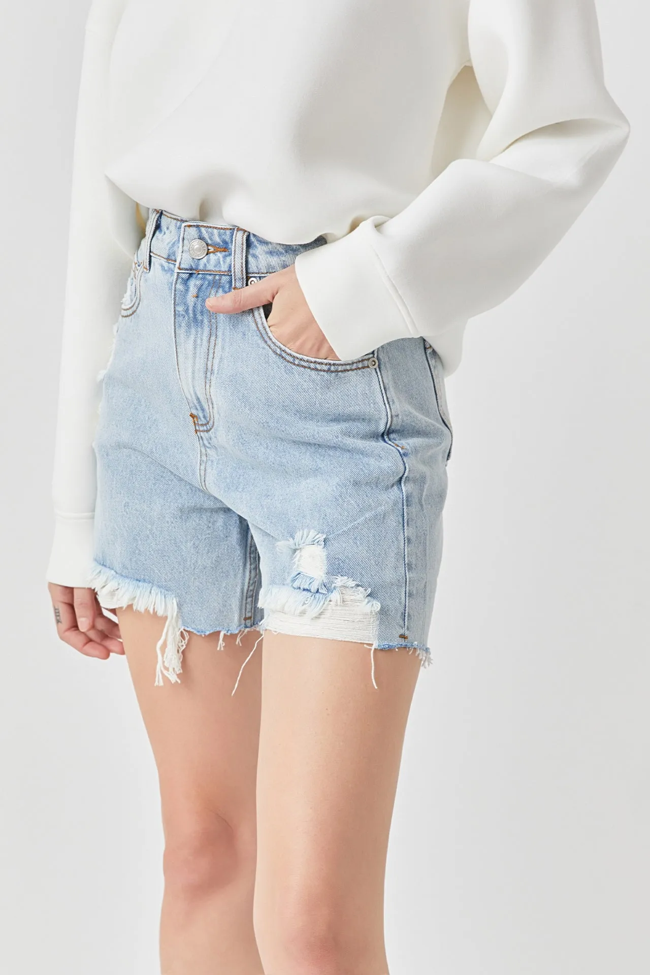 Destroyed Hem Denim Shorts