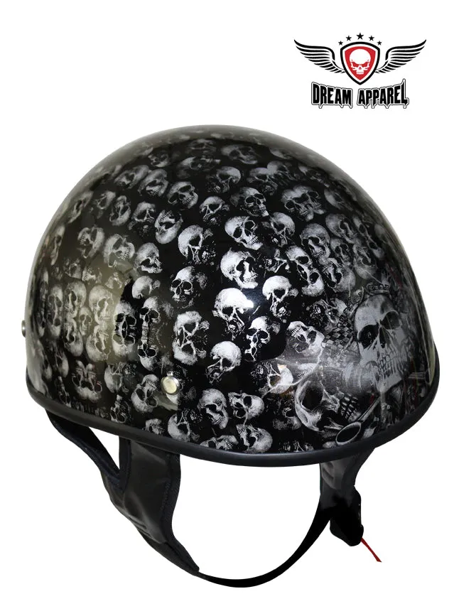 DOT Approved Low Profile Motorcycle Helmet With Black Finish & Skull Graphics