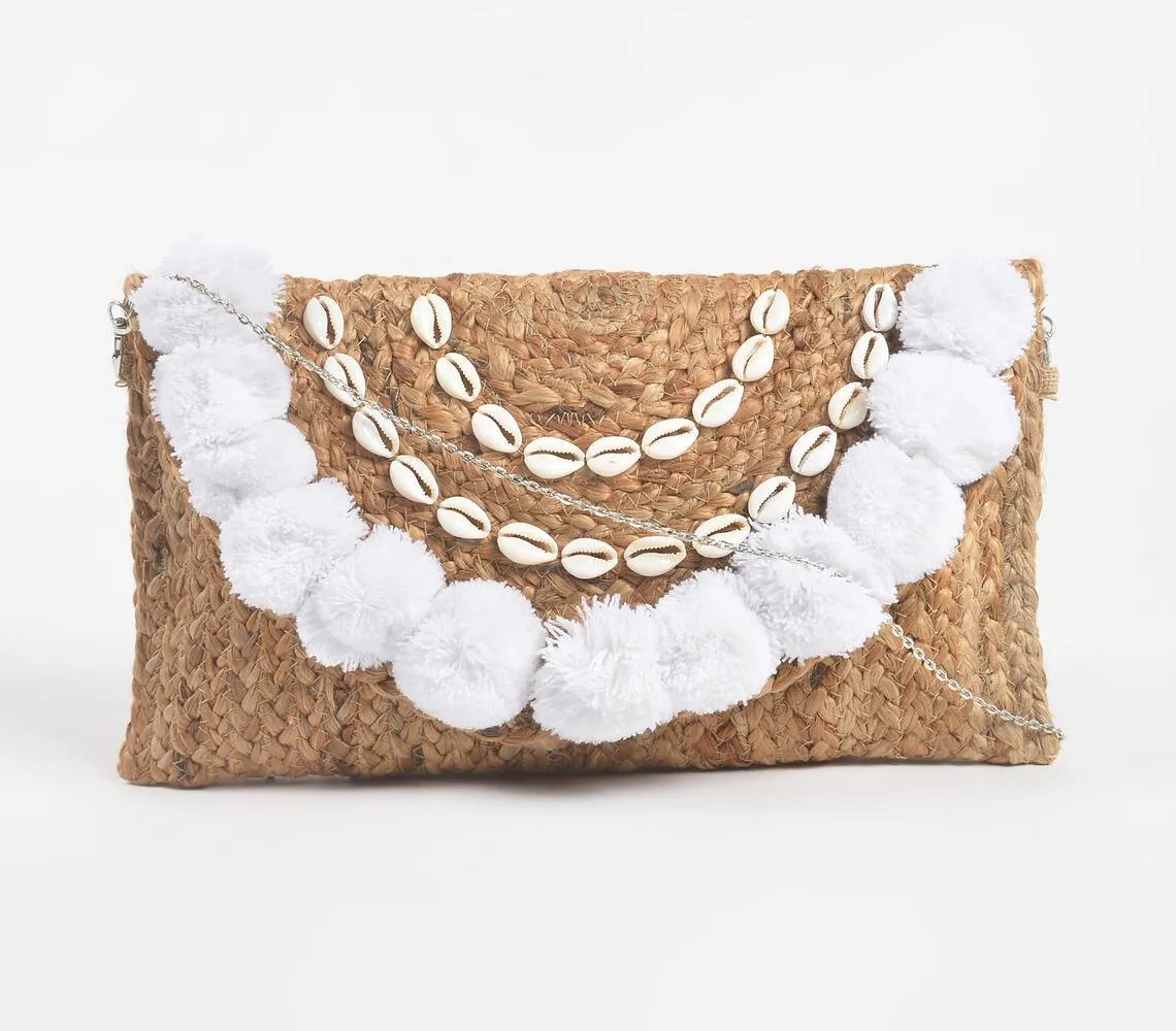 Embellished Shells & Pom-poms Jute Sling Bag