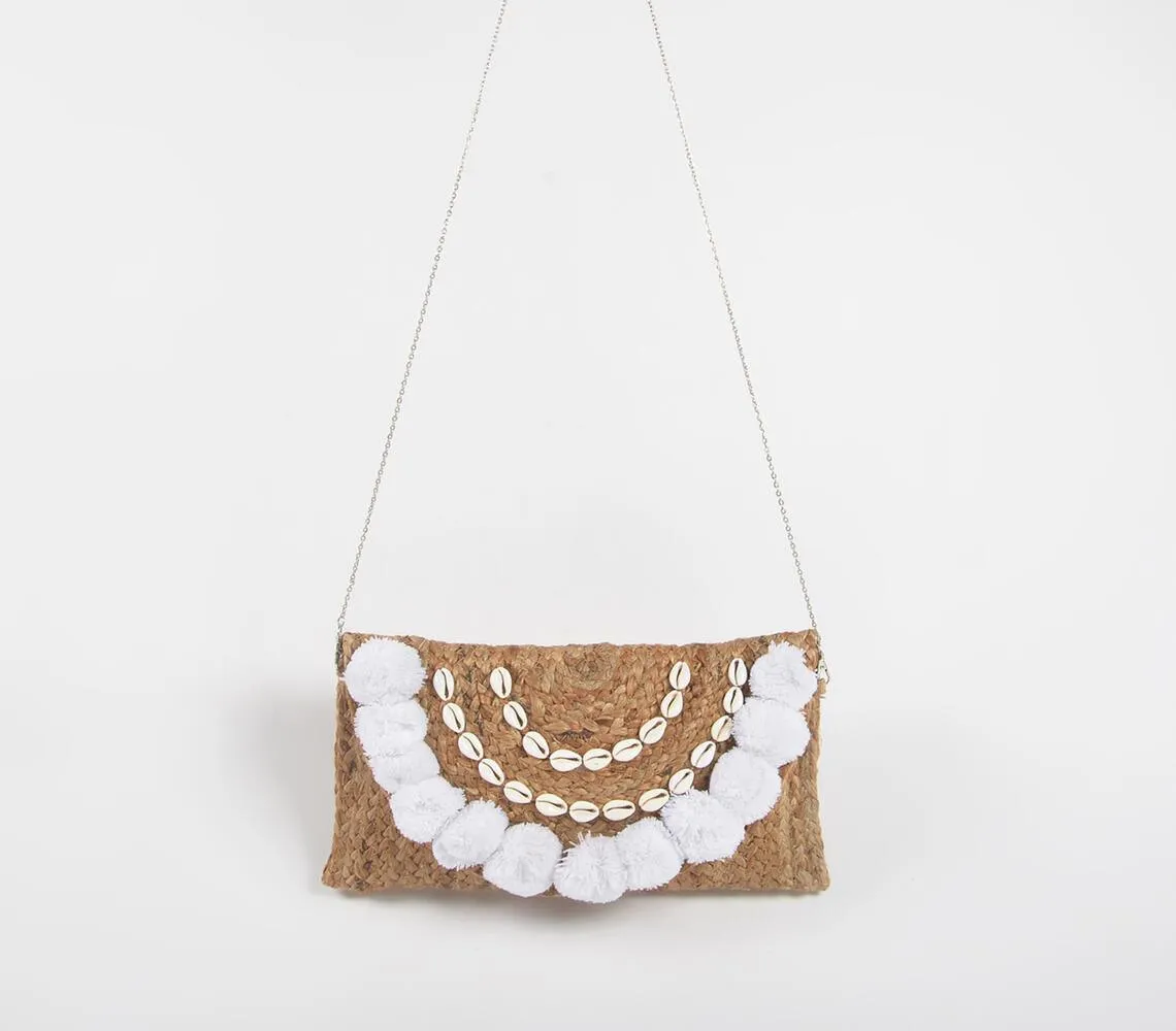 Embellished Shells & Pom-poms Jute Sling Bag