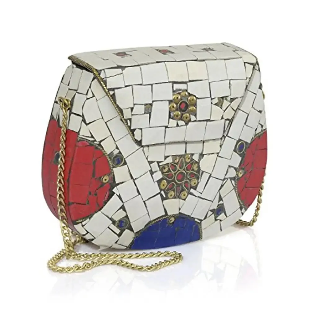 Eshopitude Gift Item Chipped Stone Metal Clutch Red,White,Blue Onyx Gemstone Sling Bag