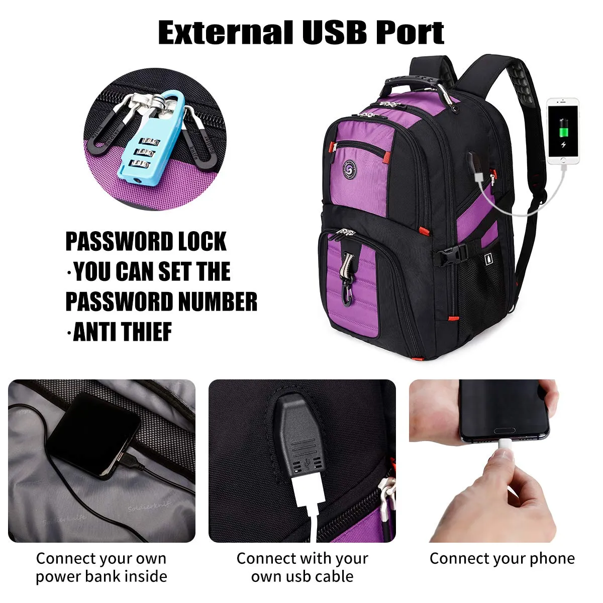 Extra Large 50L Travel Laptop Backpack with USB Charging Port Fit 17 Inch Laptops | Purple