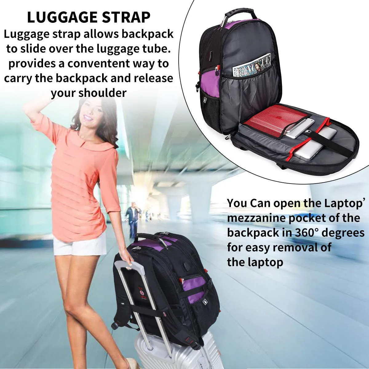 Extra Large 50L Travel Laptop Backpack with USB Charging Port Fit 17 Inch Laptops | Purple